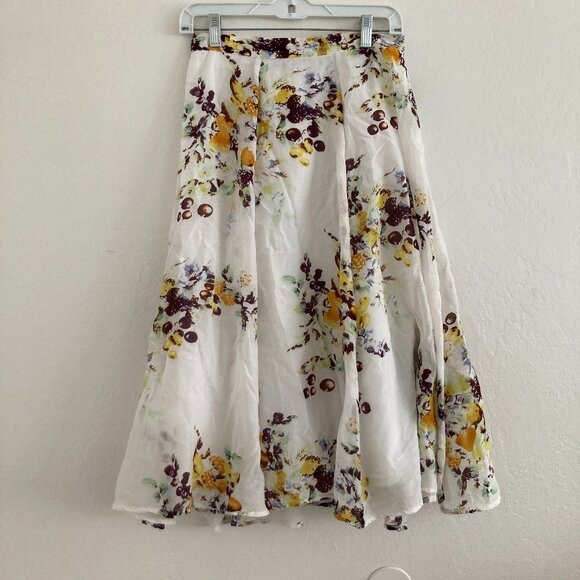 Evangeline Silk Blend Floral Knee Length Skirt White Flowy Fairy Cottagecore 4 - Picture 1 of 9